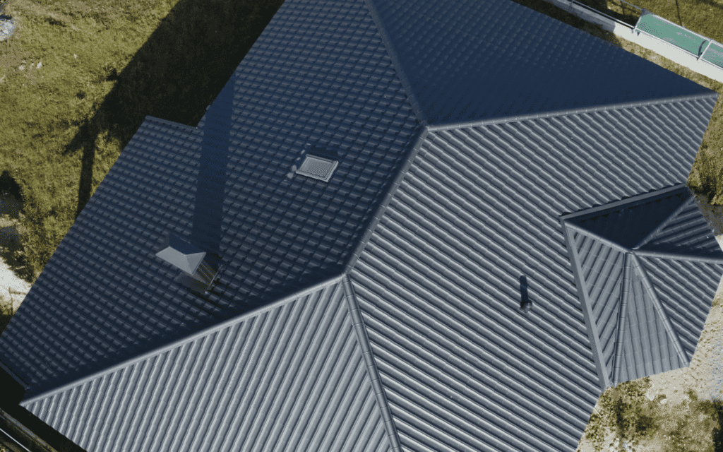 drone view of seam metal roofing Brevard County, Palm Bay